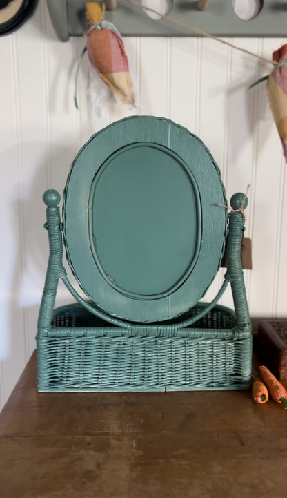 Refinished Wicker Vanity Mirror with Attached Basket