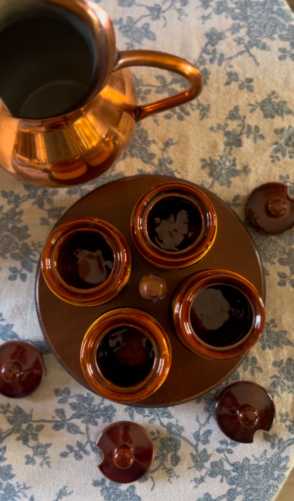 Vintage Brown Stoneware Condiment Set on a Wooden Lazy Susan