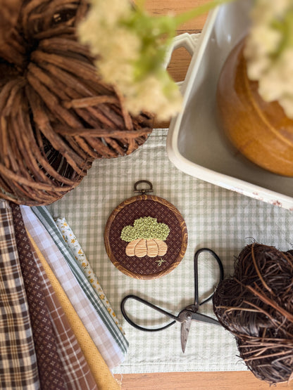 Pumpkin filled with Hydrangeas on Brown Fabric Embroidery Magnet
