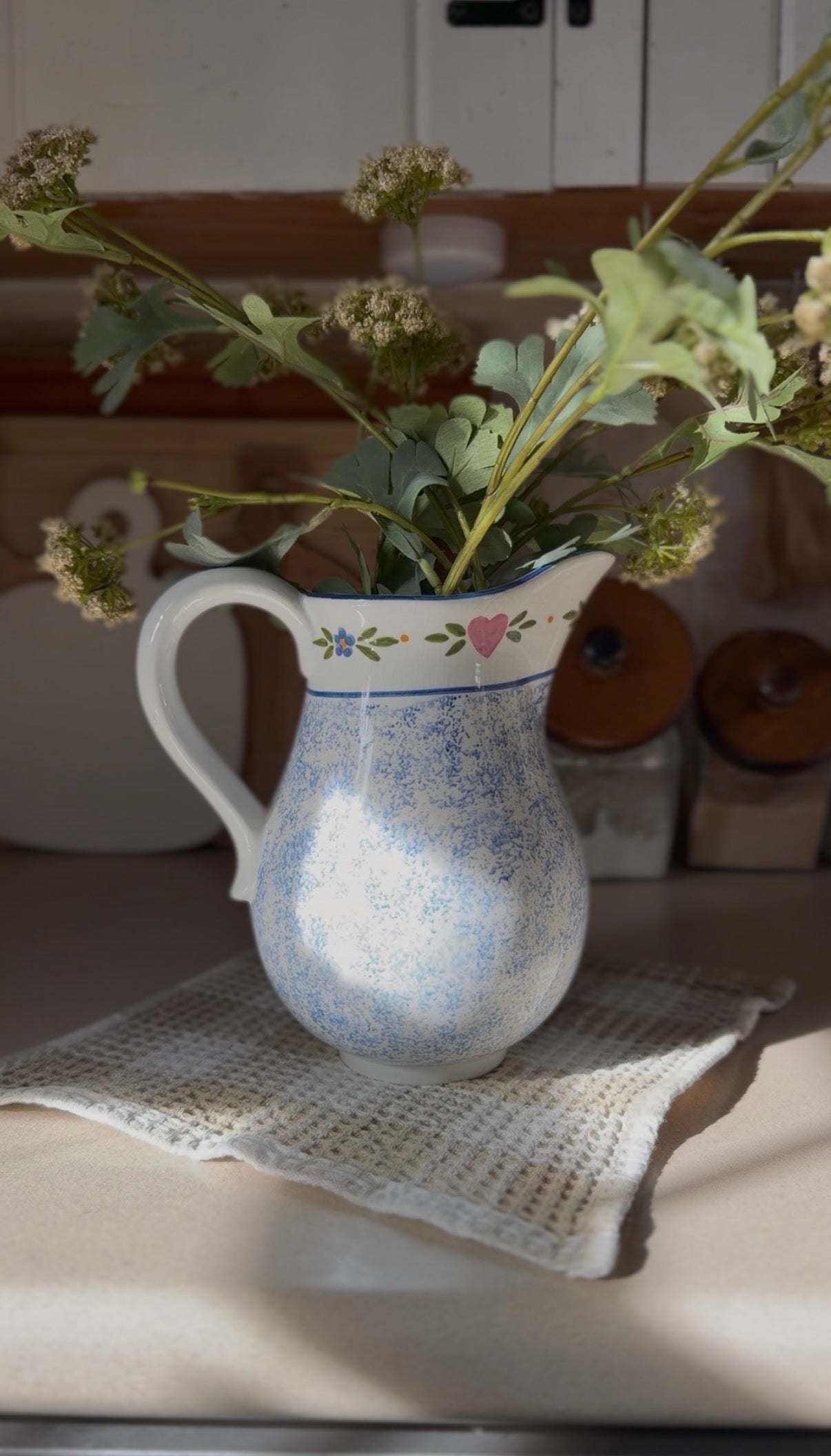 Vintage R.B. Bernarda Portuguese Pottery Blue Sponged Heart Pitcher