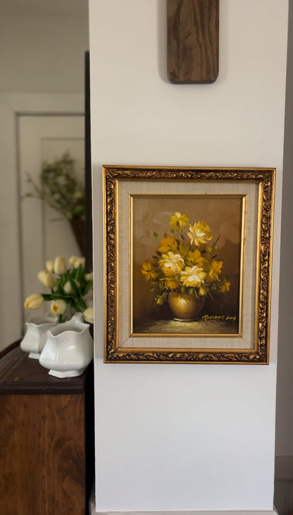 Yellow Floral Original Oil Painting by Robert Cox in Ornate Wooden Frame