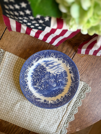 Blue Floral Churchill England Dinner Plate with Harvest Scene