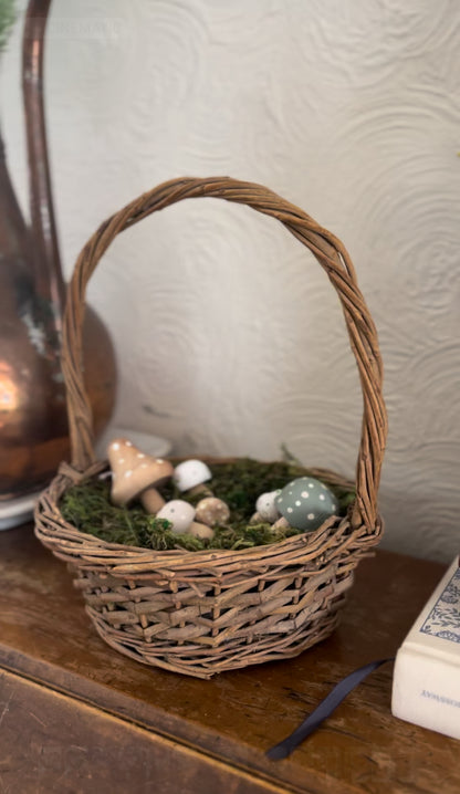 Basket with Wooden, Painted Mushrooms and Moss