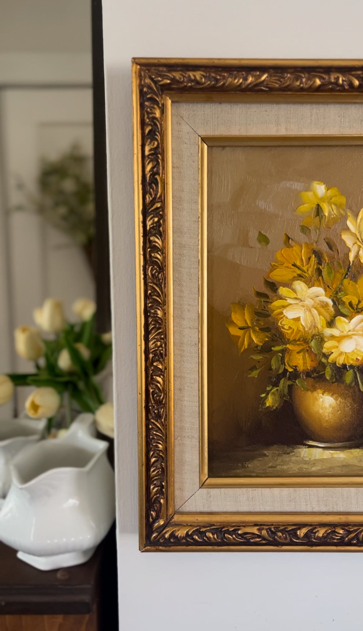 Yellow Floral Original Oil Painting by Robert Cox in Ornate Wooden Frame