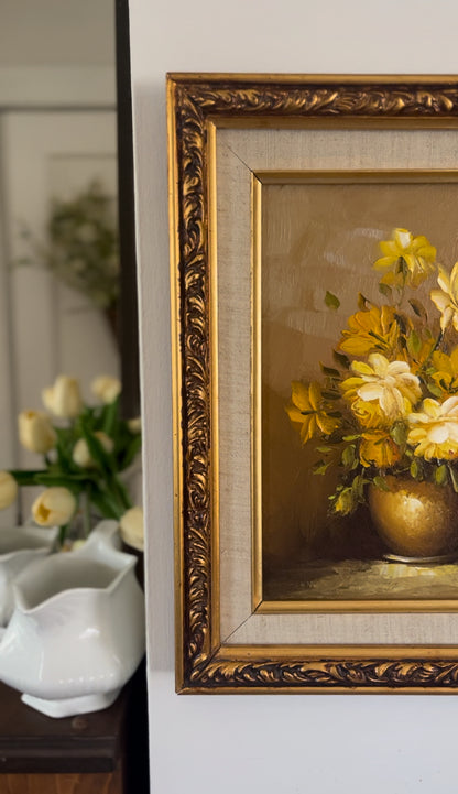 Yellow Floral Original Oil Painting by Robert Cox in Ornate Wooden Frame