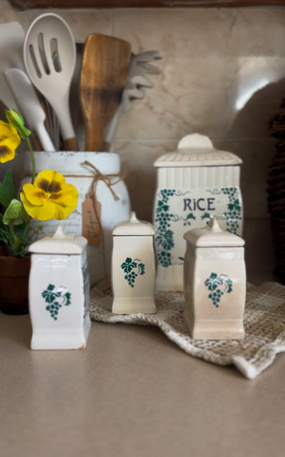 Ceramic Canister Set made in Germany (ginger sold. Rice, cloves, and cinnamon left)