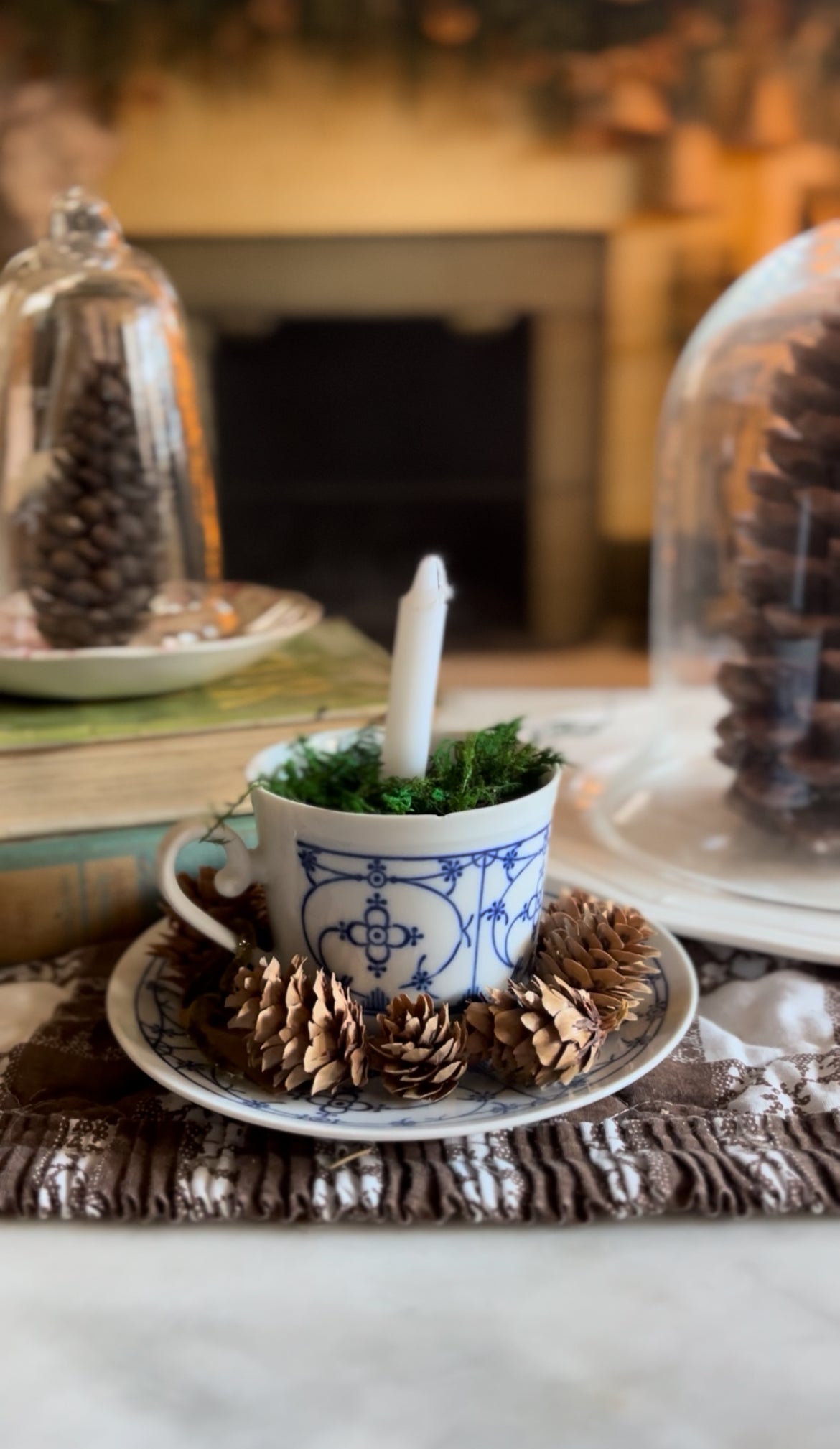 Baruether Indischblau Moss Candle Teacup and Saucer with Pinecones (4 available)