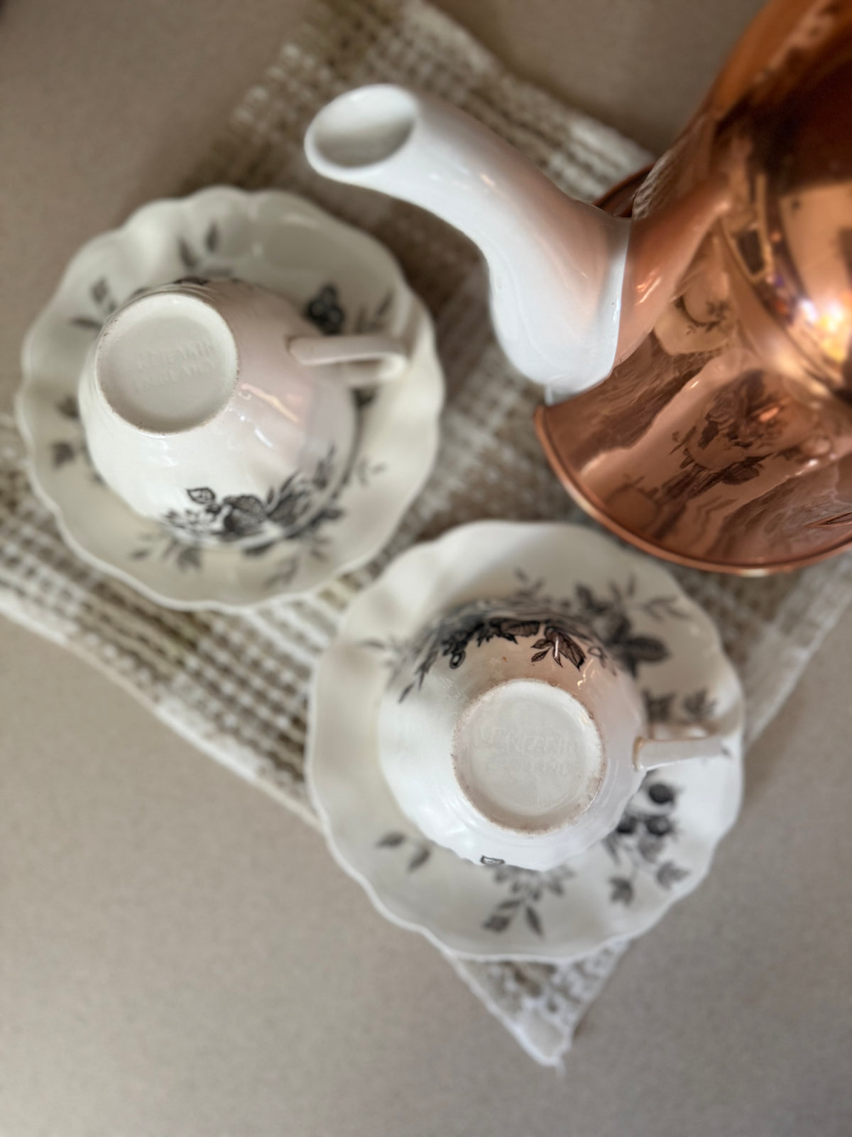 Set of 2 Black Floral Teacups and Saucers made in England