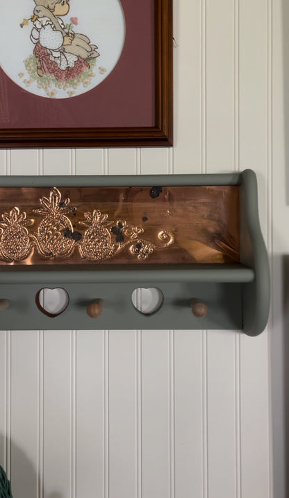 Refinished Solid Wood Shelf with Copper Backing and Pegs