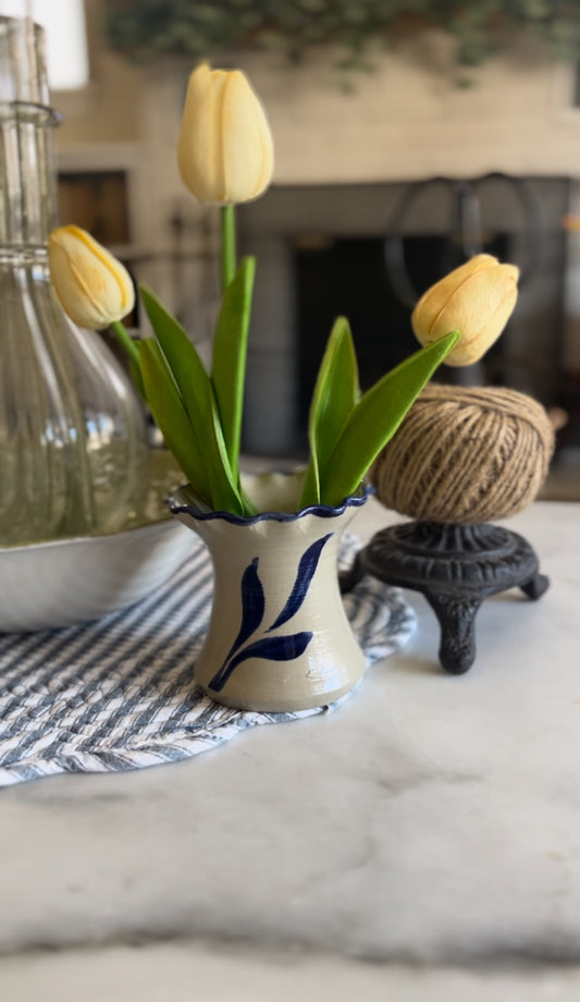 Williamsburg Pottery Blue Flower Ruffle Stoneware Vase (flowers not included)