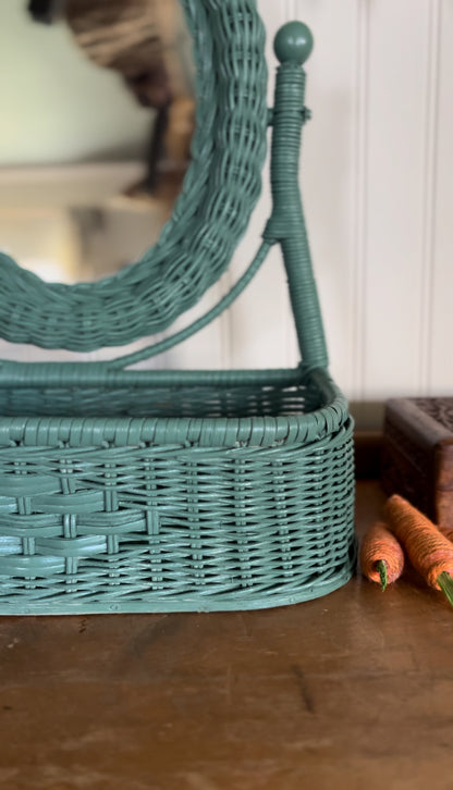 Refinished Wicker Vanity Mirror with Attached Basket