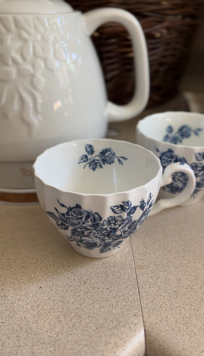 Set of 2 Blue and White Floral Ironstone Teacups made in England