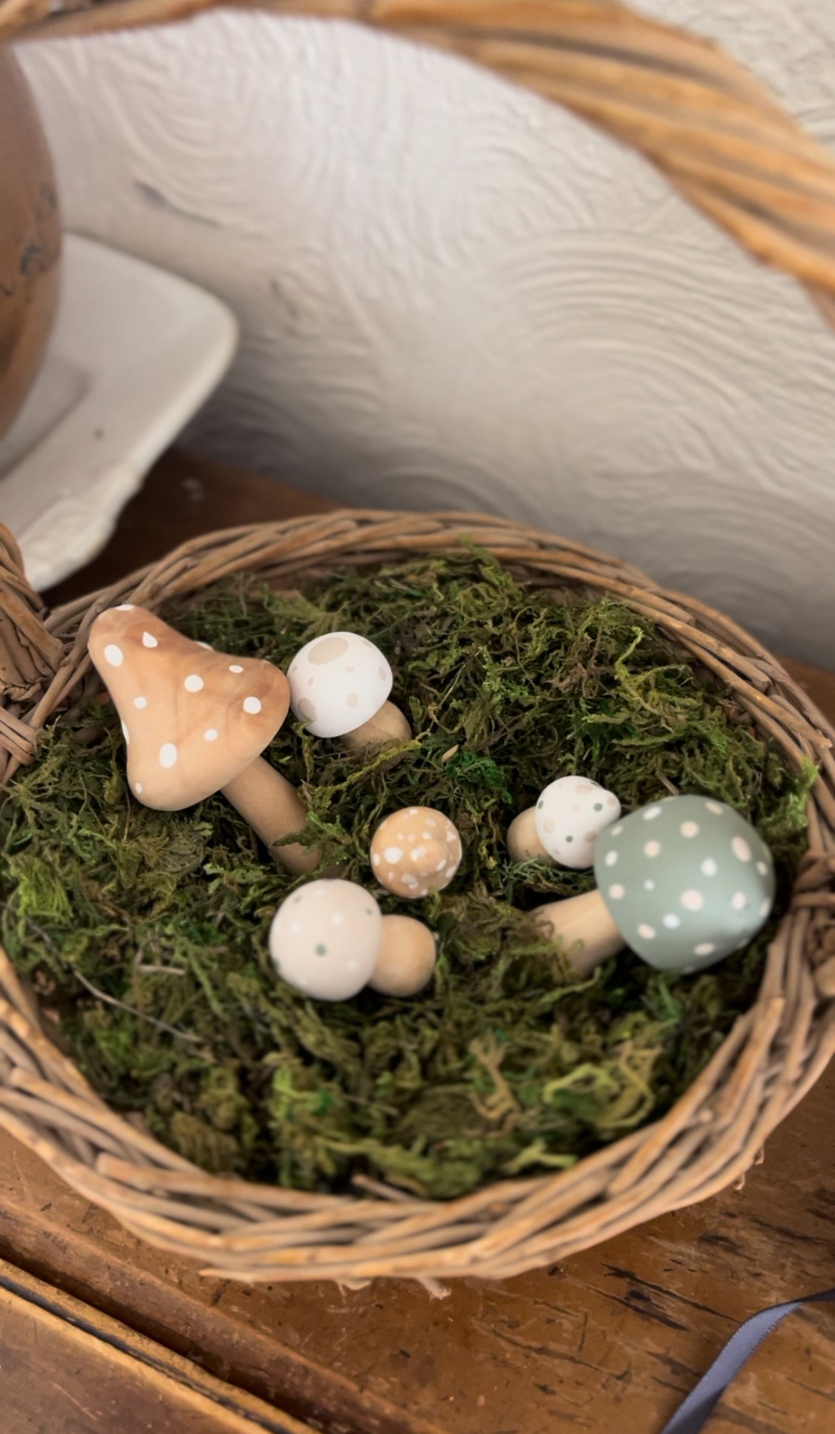Basket with Wooden, Painted Mushrooms and Moss