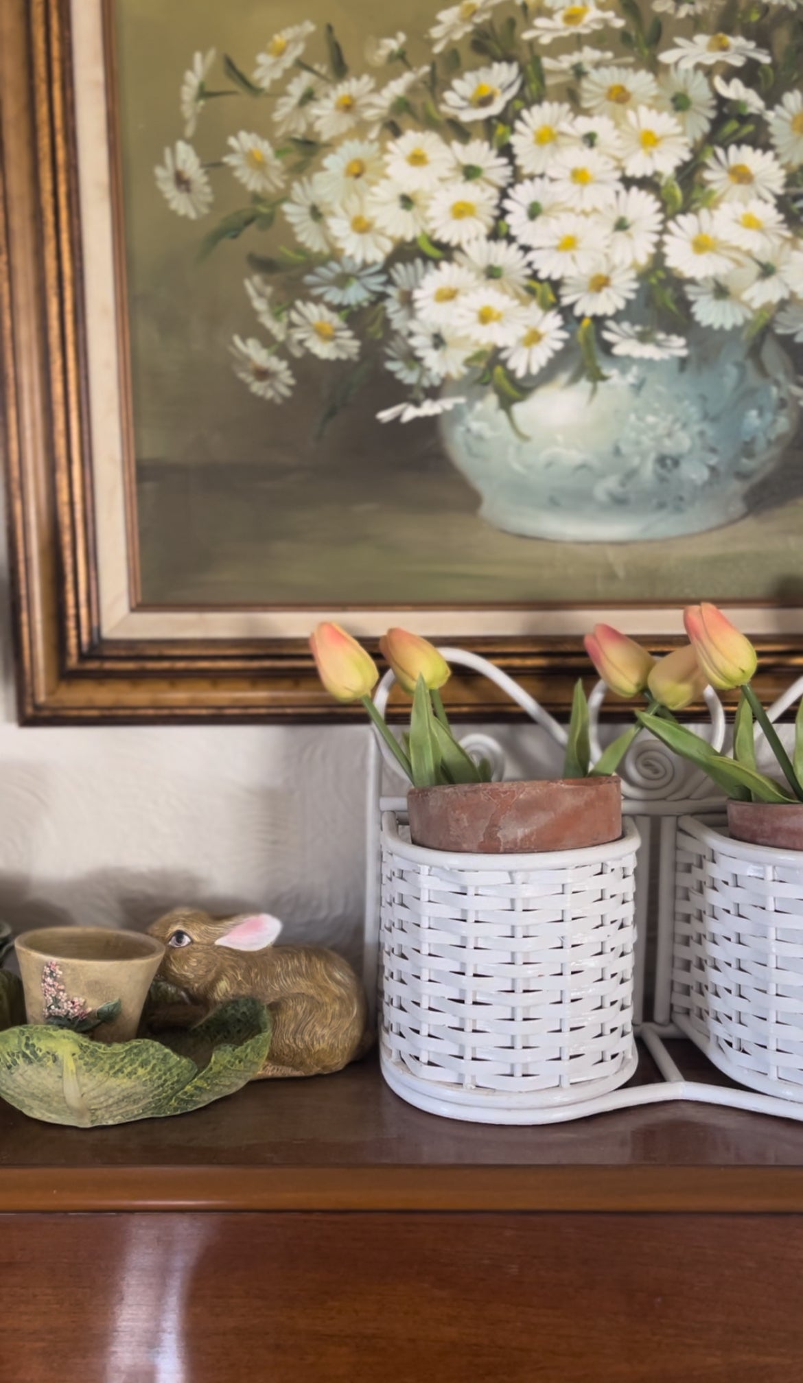 White Wicker Double Planter Basket (comes with terra cotta planters & tulips)