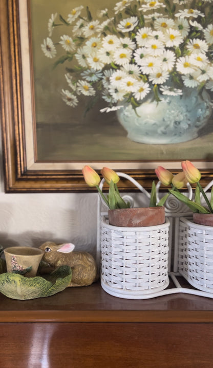White Wicker Double Planter Basket (comes with terra cotta planters & tulips)