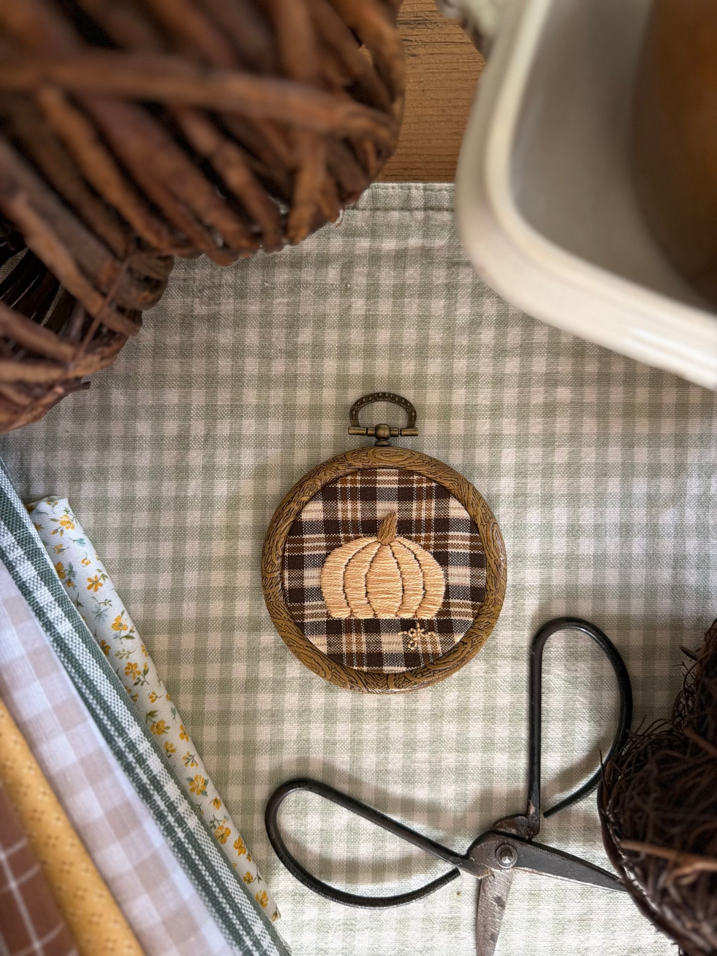 Pumpkin on Brown Plaid Fabric Mini Embroidery Magnet