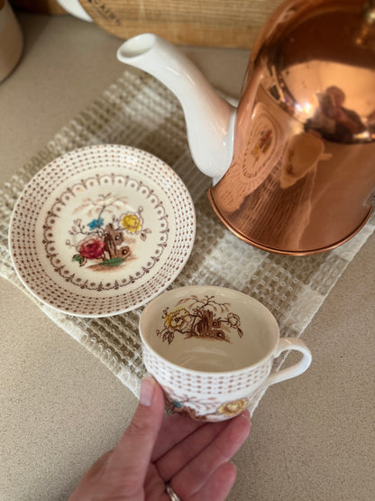 Brown Floral Teacup and Saucer set made in Japan