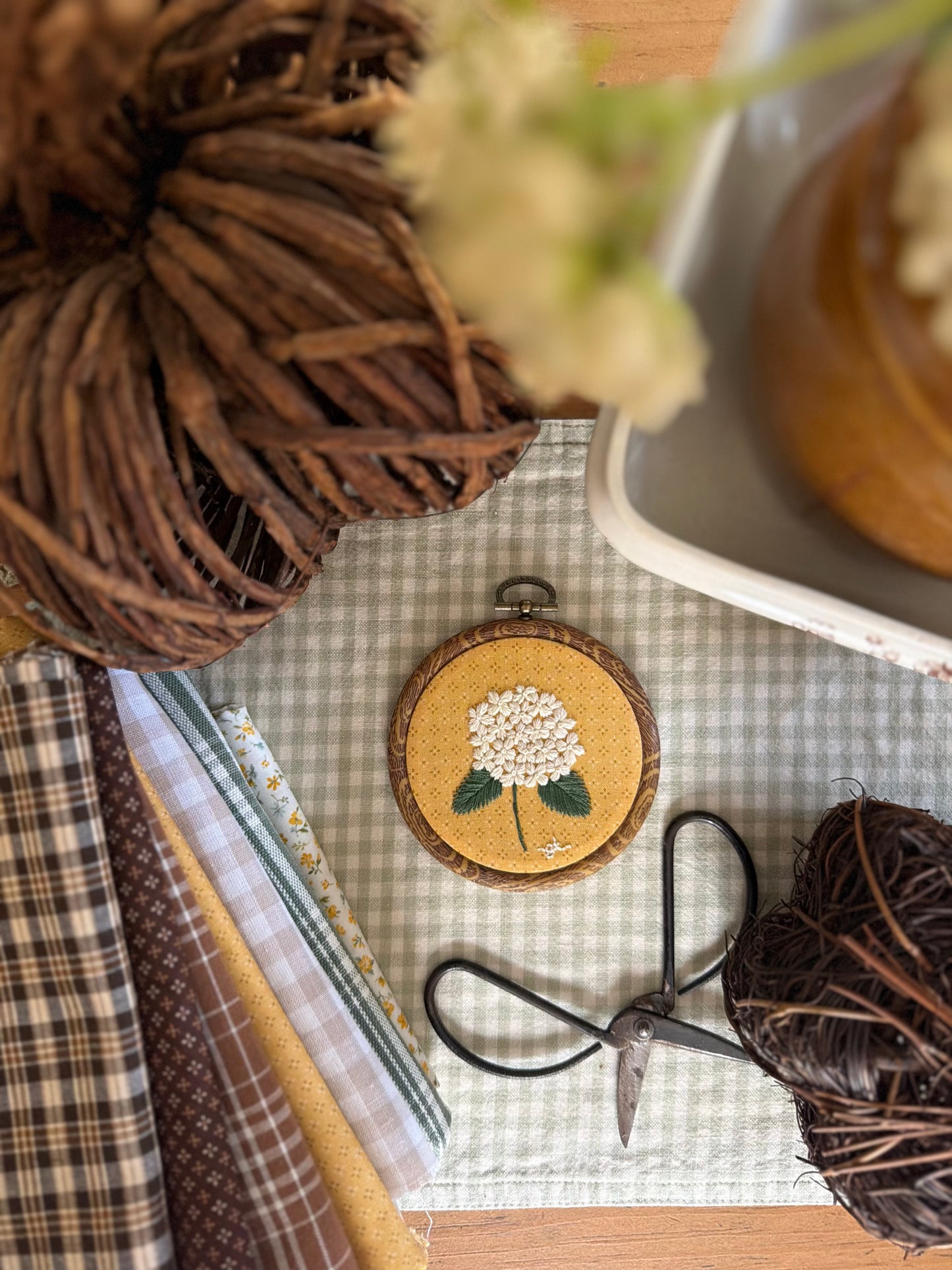 White Hydrangea on Yellow Fabric Embroidery Magnet