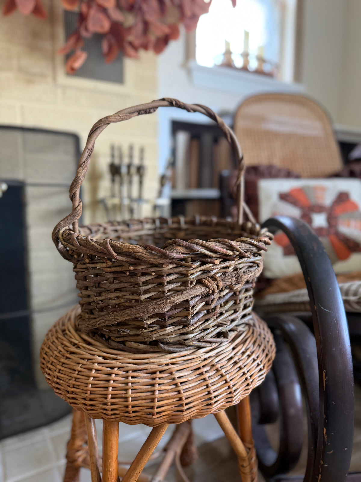 Rustic Hand-Woven Twig and Willow Gathering Basket