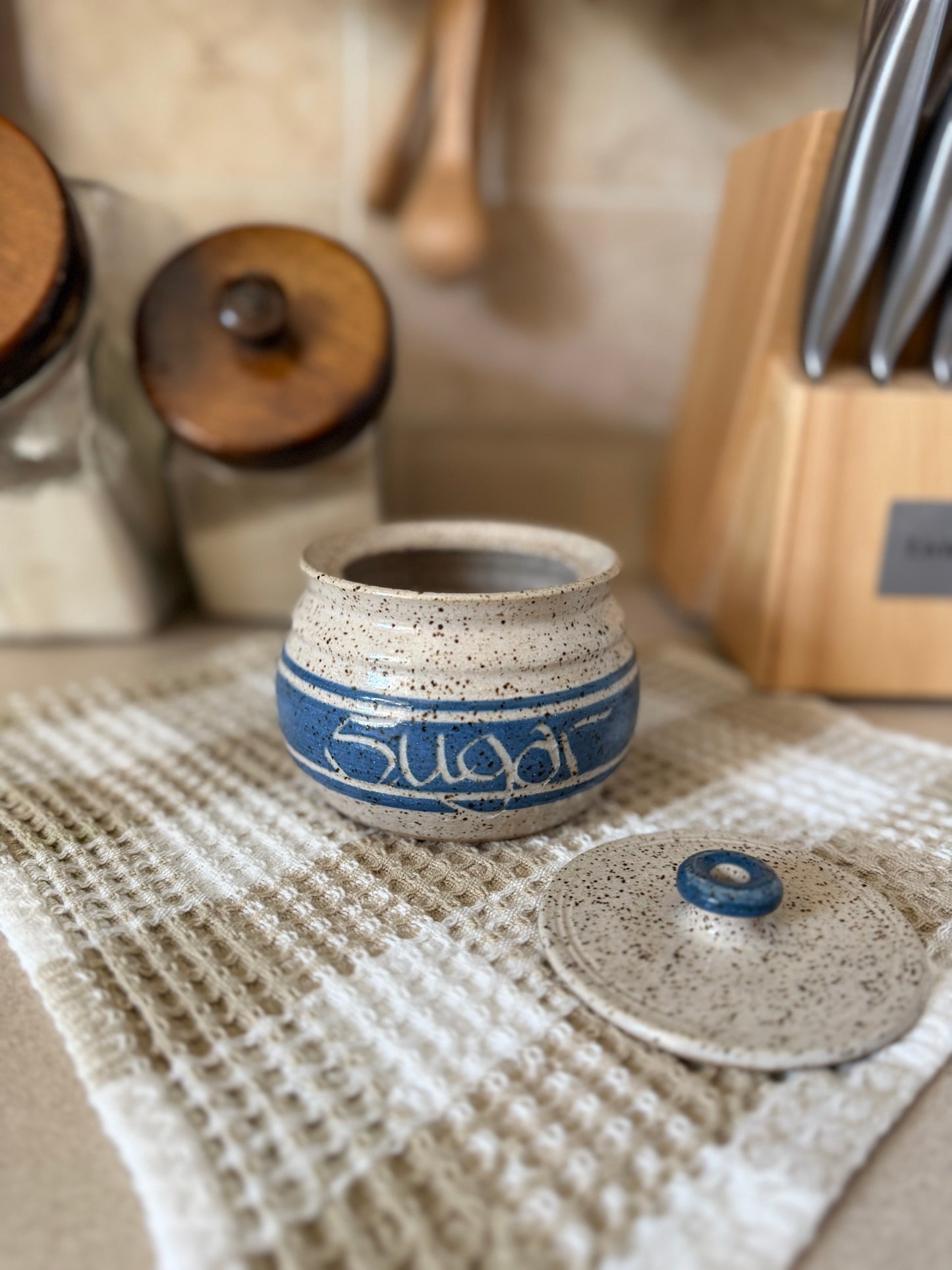 Pottery Blue Striped Sugar Dish