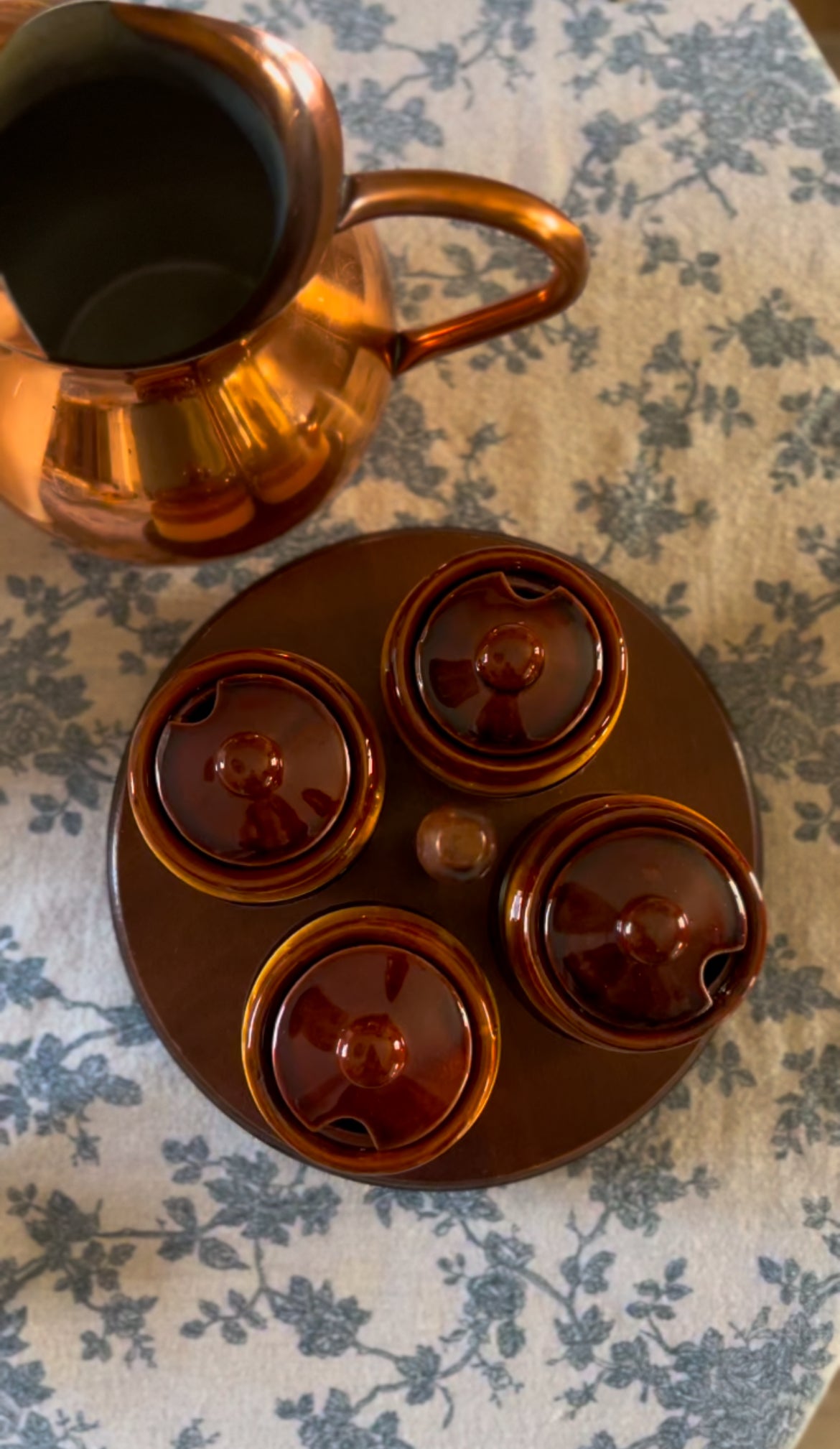 Vintage Brown Stoneware Condiment Set on a Wooden Lazy Susan
