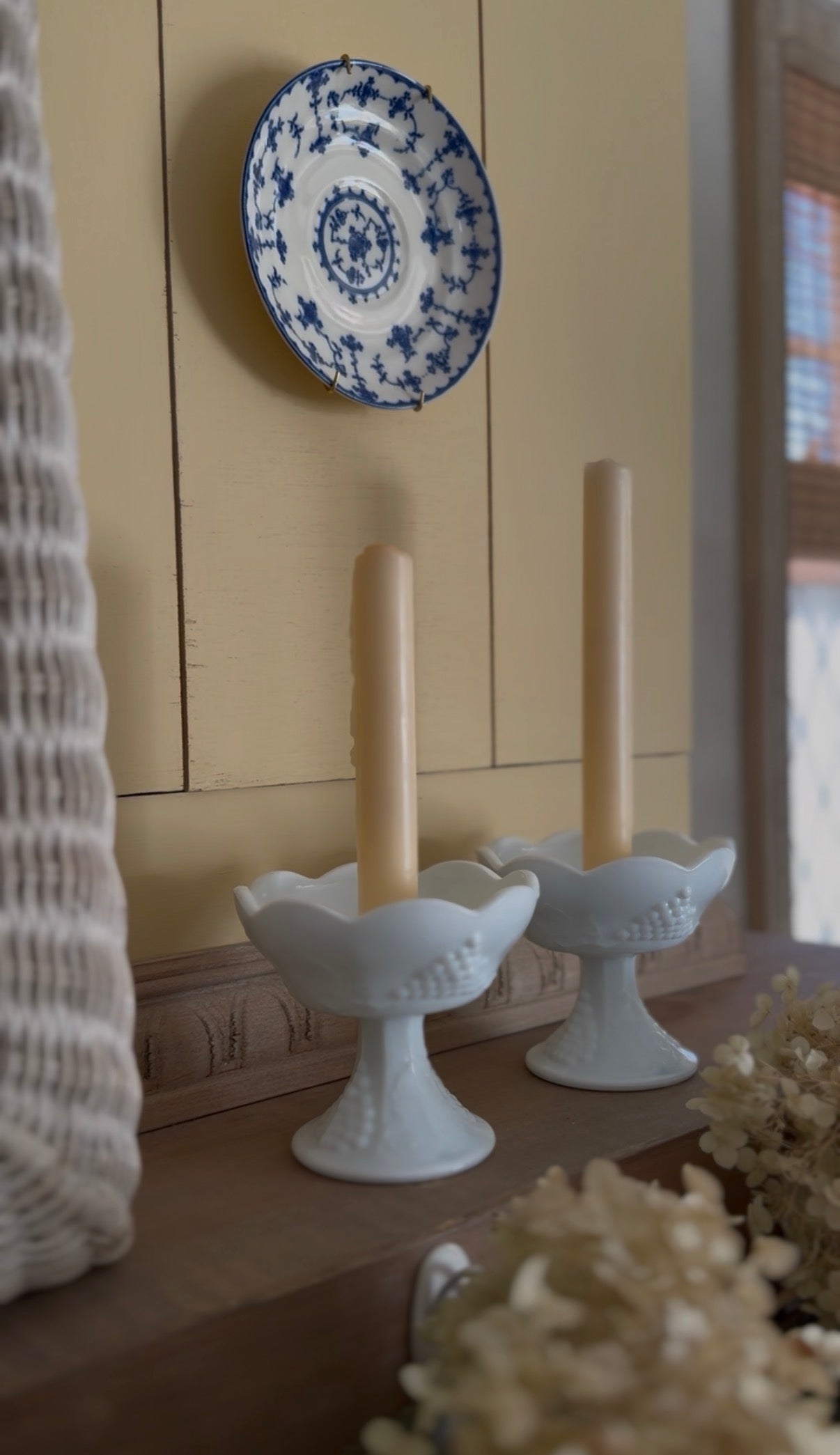 Milk Glass Scalloped Candle Holders with Grape Motif - Set of 2 (candles not included)