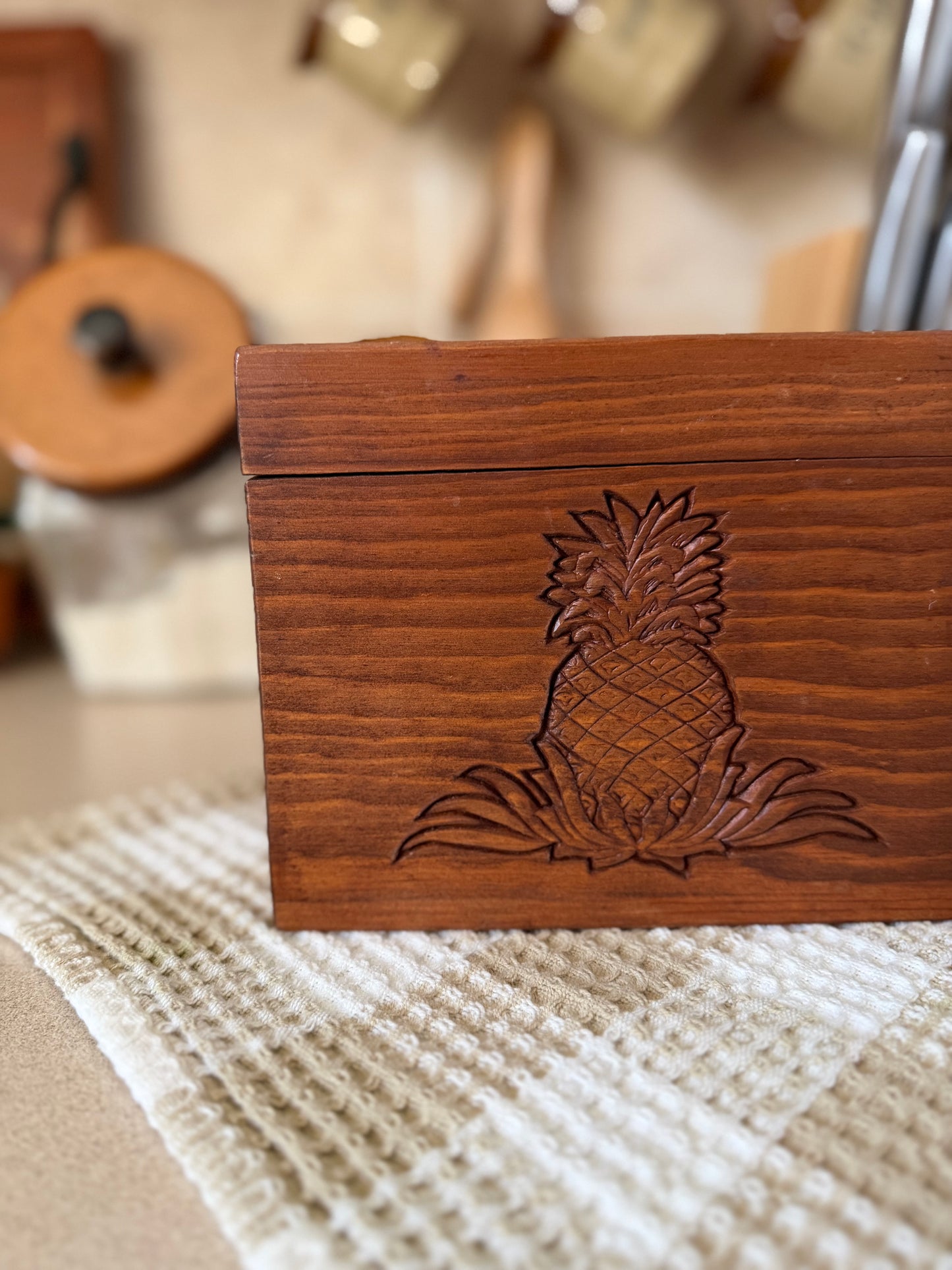 Wooden Recipe Card Box with Pineapple Carving