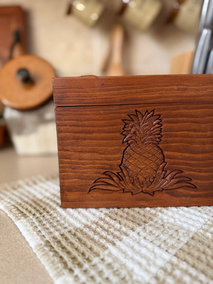 Wooden Recipe Card Box with Pineapple Carving