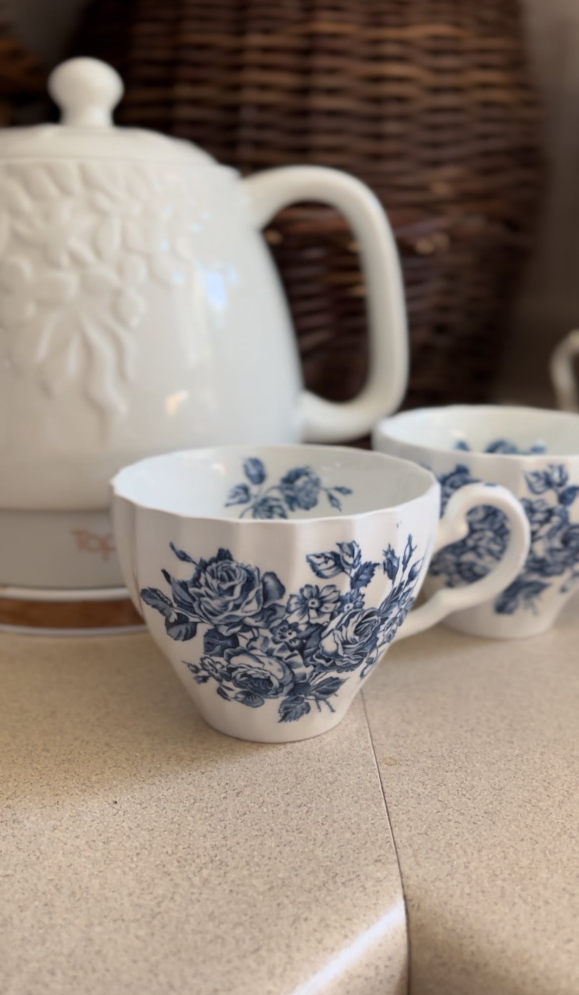 Set of 2 Blue and White Floral Ironstone Teacups made in England
