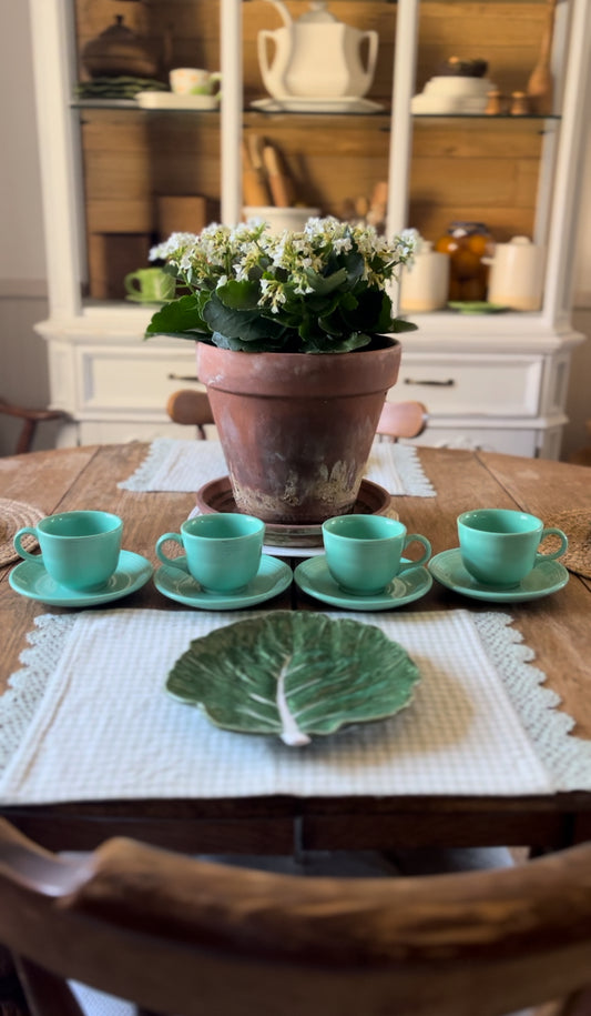 Set of 4 Fiesta Mint Green Teacups and Saucers by Homer Laughlin