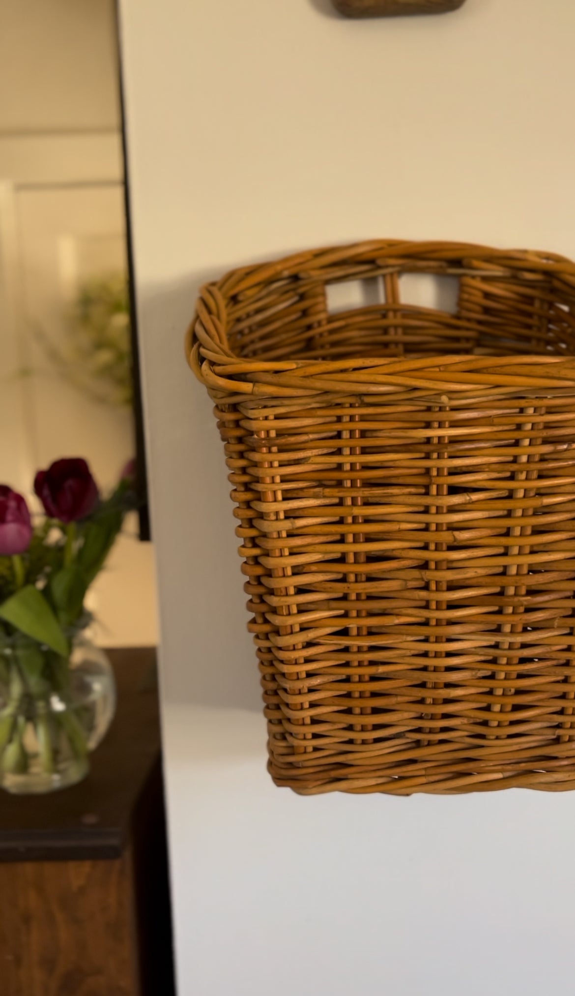Light-Colored Wicker Hanging Basket