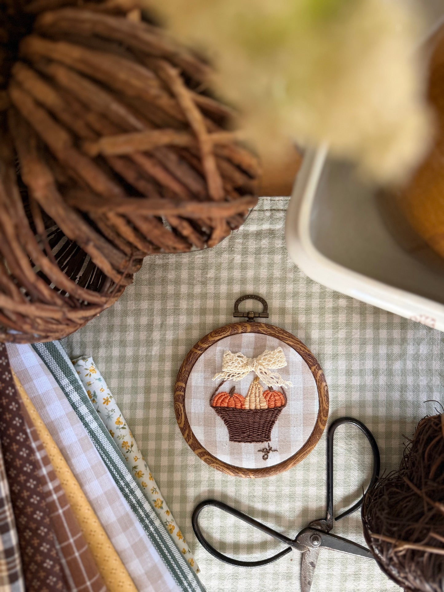 Basket of Pumpkins on Gingham Fabric Embroidery Magnet