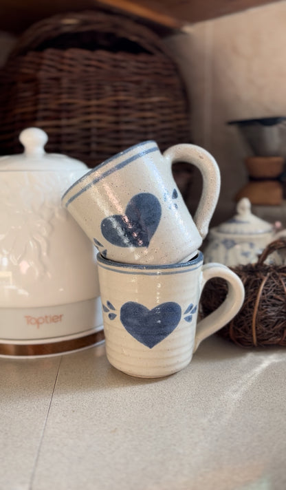 Set of 2 Blue Pottery Mugs with Hearts