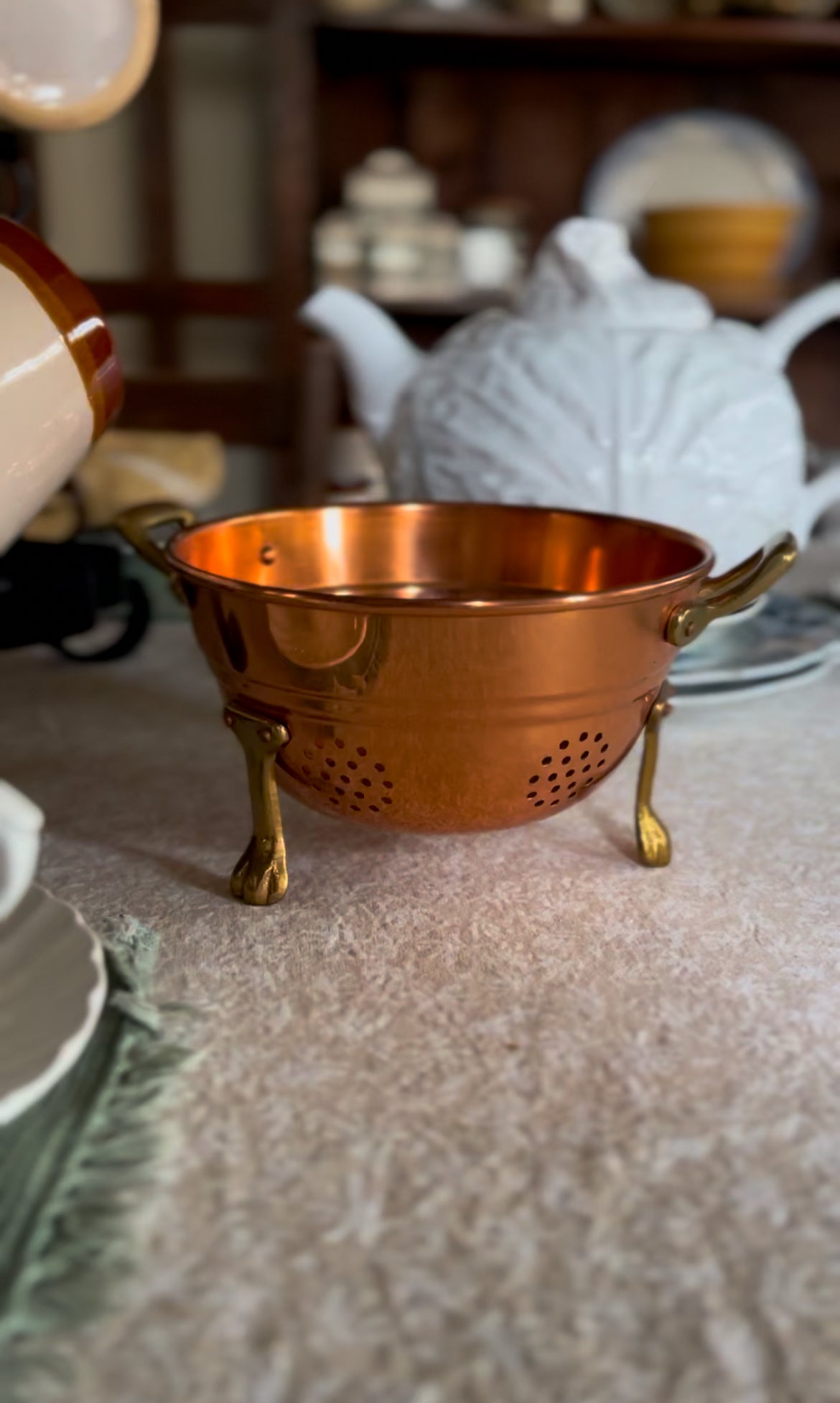 Copper Strainer with Brass Handles and Claw Feet