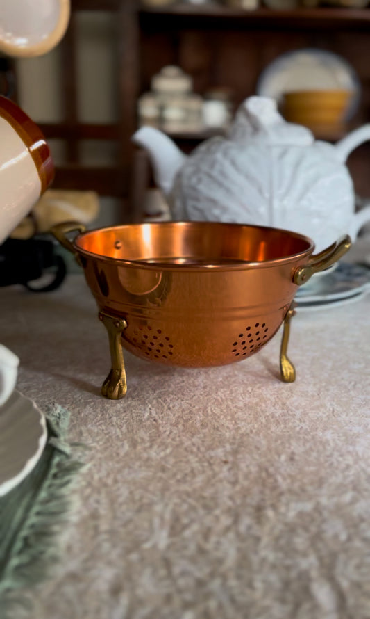 Copper Strainer with Brass Handles and Claw Feet