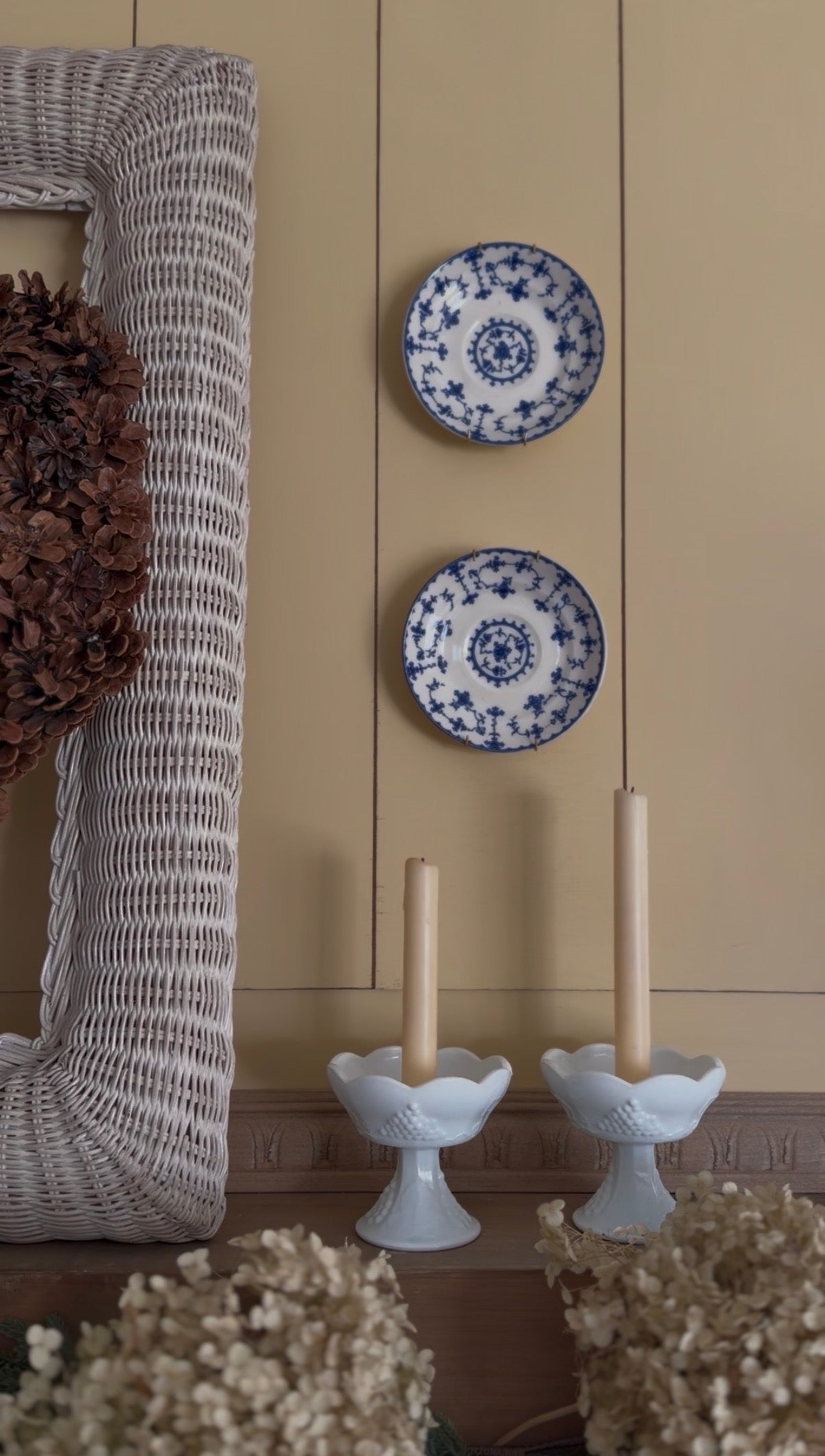 Milk Glass Scalloped Candle Holders with Grape Motif - Set of 2 (candles not included)