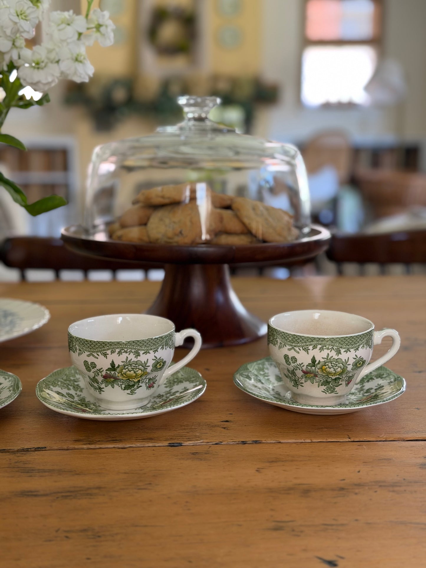 Set of 4 Enoch Wedgwood Green Floral Teacups and Saucers
