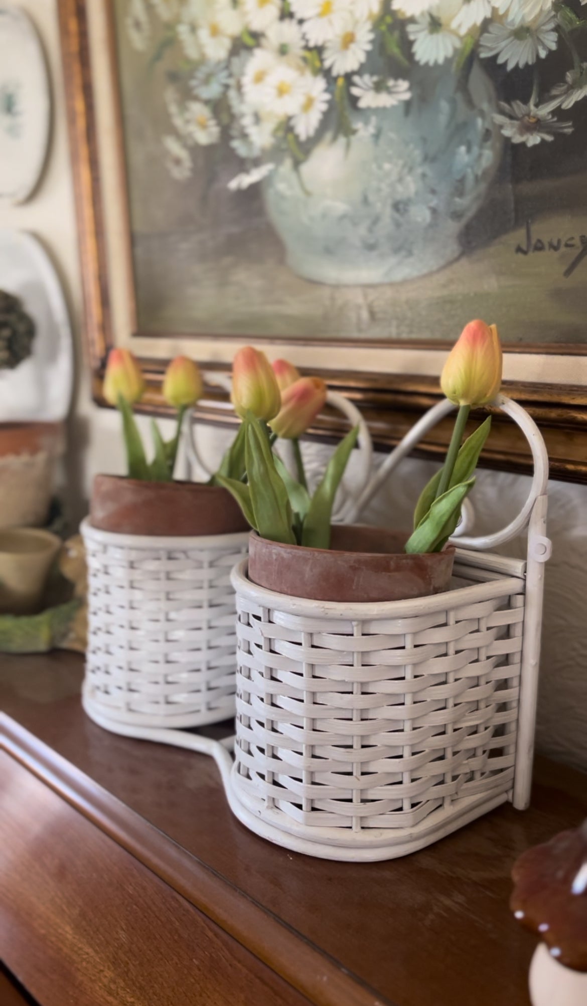 White Wicker Double Planter Basket (comes with terra cotta planters & tulips)
