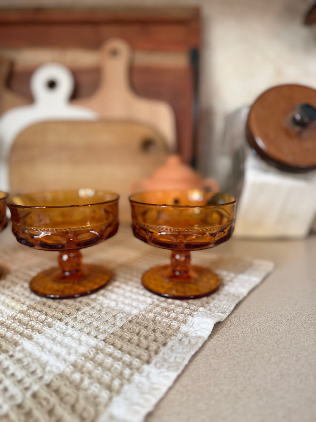 Set of 3 Vintage King's Crown Thumbprint Dessert Glasses by Indiana Glass