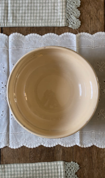 Hungarian Slipware Pottery Mixing Bowl with Pink Floral Rim