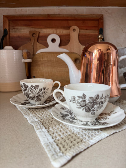 Set of 2 Black Floral Teacups and Saucers made in England