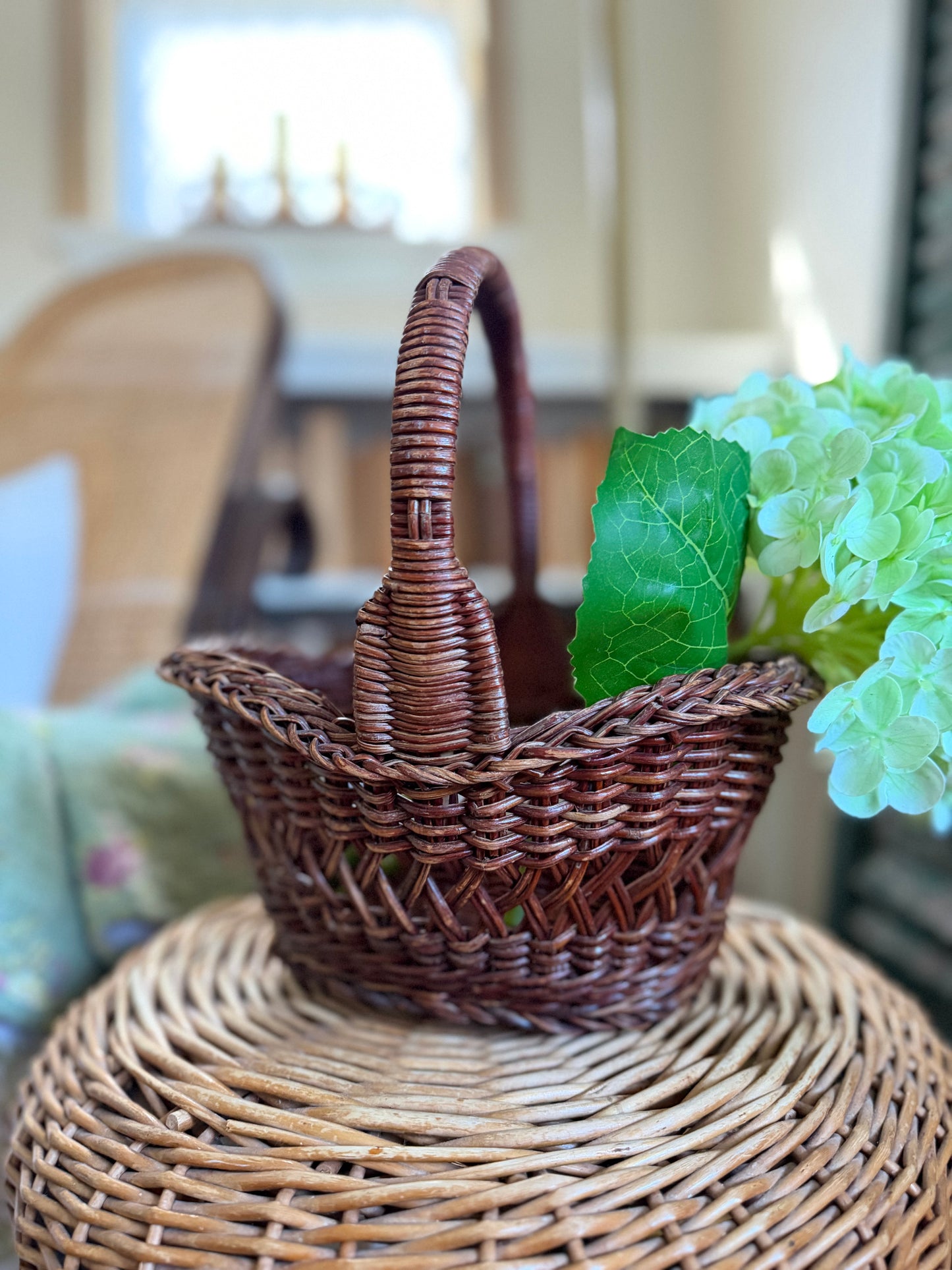 Small Dark Brown Wicker Basket with Handle (flowers not included)
