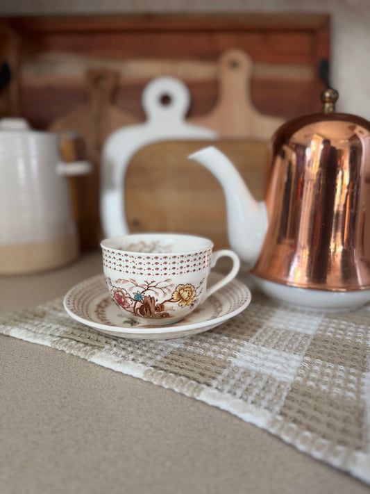 Brown Floral Teacup and Saucer set made in Japan