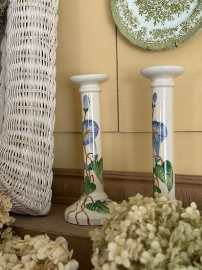 Hand-painted Morning Glory Ceramic Candle Holders made in Italy