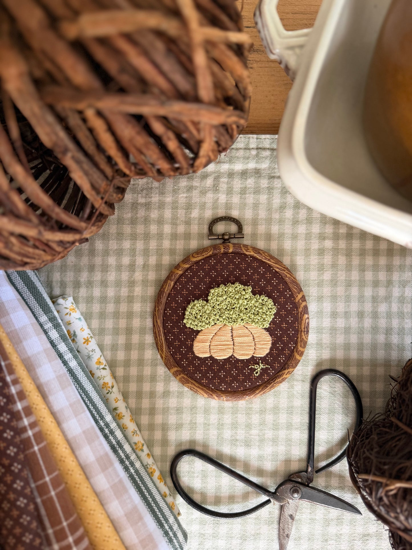Pumpkin filled with Hydrangeas on Brown Fabric Embroidery Magnet