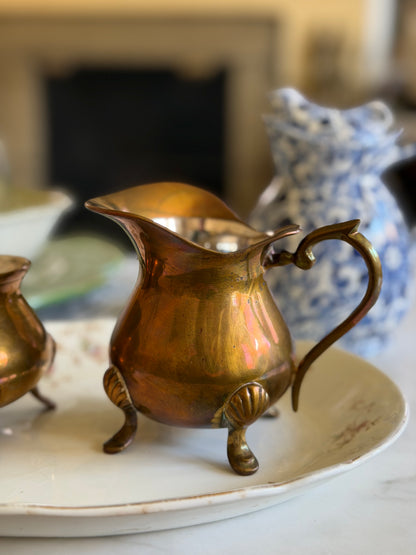 Brass Claw-Foot Sugar and Creamer Set with Silver Interior