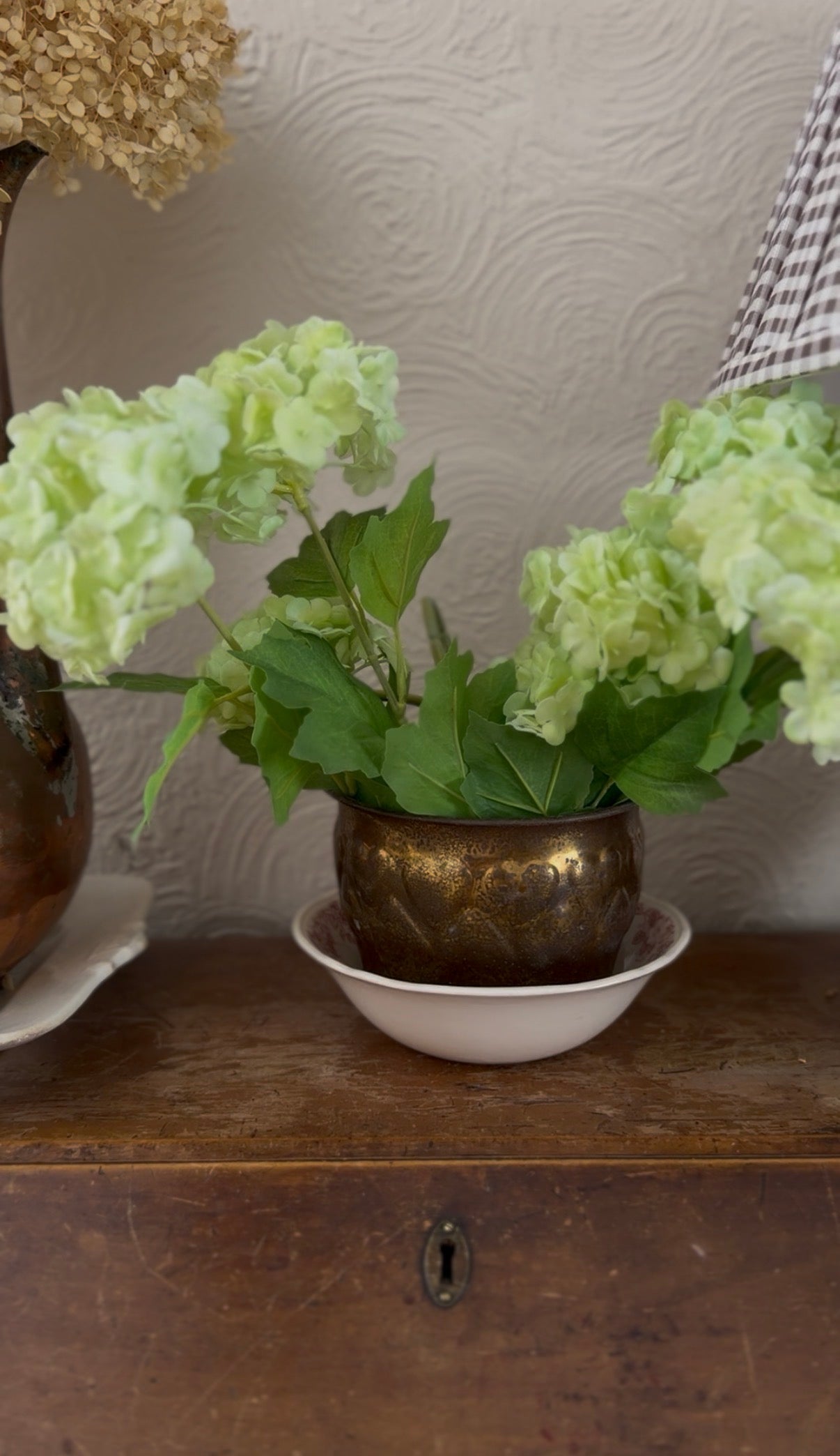 Brass Heart Planter with Red Floral Meakin Staffordshire England Bowl (flowers not included)