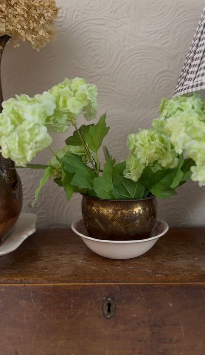 Brass Heart Planter with Red Floral Meakin Staffordshire England Bowl (flowers not included)