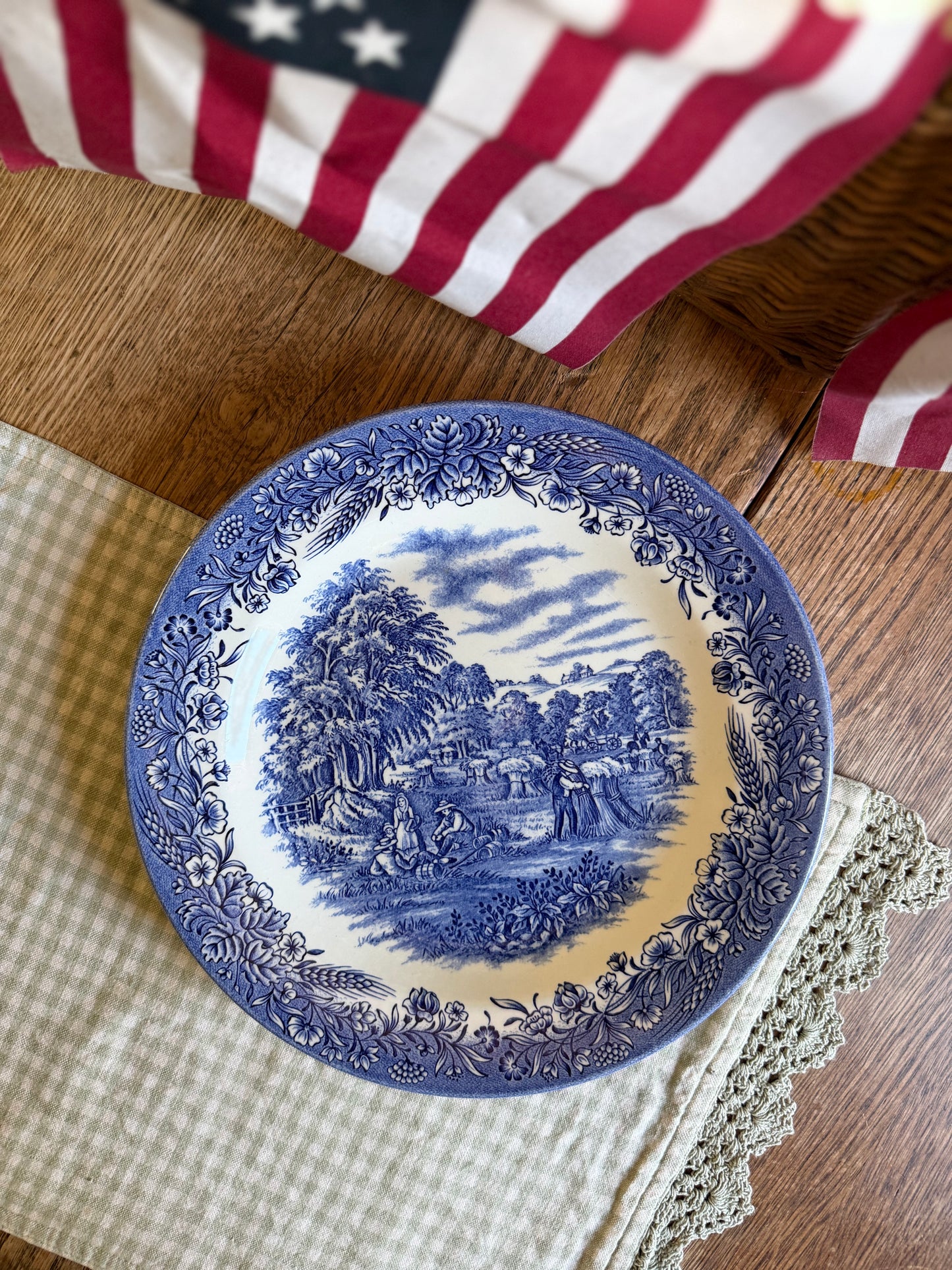 Blue Floral Churchill England Dinner Plate with Harvest Scene