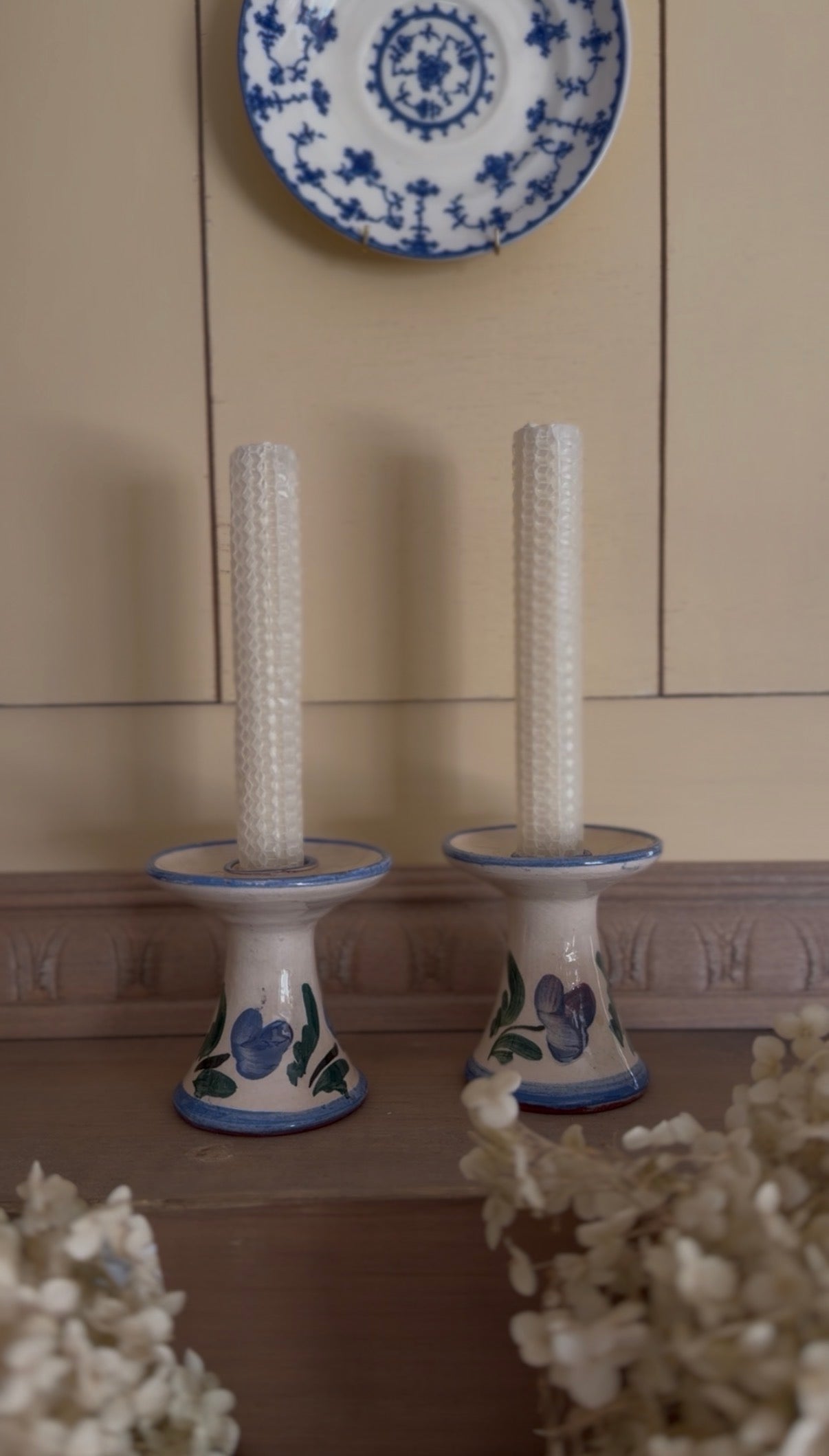 Hand-Painted Blue Floral Pottery Candle Holders - set of 2 (candles not included)